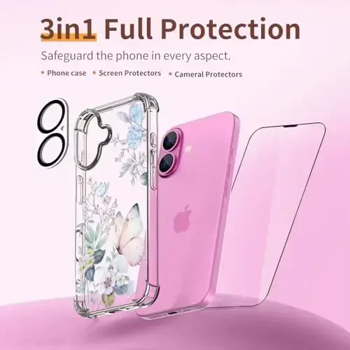 iPhone 16 uchun ilnehc g'ilofi, ekran himoyachisi va kamera linzalari himoyachisi bilan [3 in 1], gul naqshli dizayn, shaffof yumshoq zarbaga chidamli ingichka gulli telefon qopqog'i ayollar qizlar uchun 2024 6.1