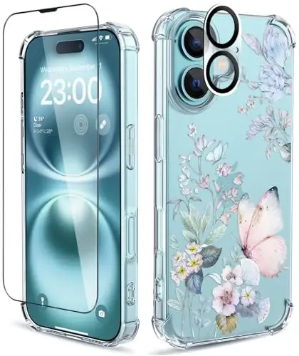 iPhone 16 uchun ilnehc g'ilofi, ekran himoyachisi va kamera linzalari himoyachisi bilan [3 in 1], gul naqshli dizayn, shaffof yumshoq zarbaga chidamli ingichka gulli telefon qopqog'i ayollar qizlar uchun 2024 6.1