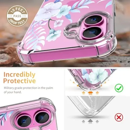 iPhone 16 uchun ilnehc g'ilofi, ekran himoyachisi va kamera linzalari himoyachisi bilan [3 in 1], gul naqshli dizayn, tiniq yumshoq zarbaga chidamli ingichka gul telefon qopqog'i ayollar qizlar uchun 2024 6.1