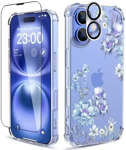 iPhone 16 uchun ilnehc g'ilofi, ekran himoyachisi va kamera linzalari himoyachisi bilan [3 tasi 1 da], gul naqshli dizayn, shaffof yumshoq zarbaga chidamli ingichka gul telefon qopqog'i ayollar qizlar uchun 2024 6.1