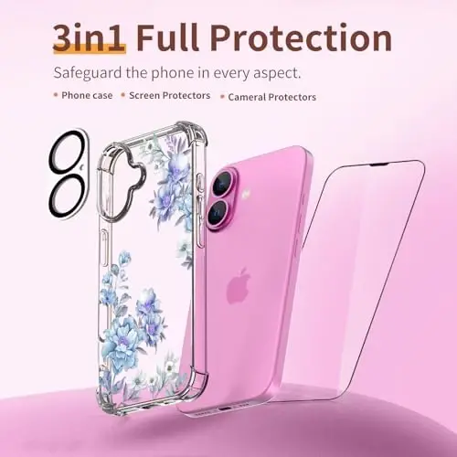 iPhone 16 uchun ilnehc g'ilofi, ekran himoyachisi va kamera linzalari himoyachisi bilan [3 tasi 1 da], gul naqshli dizayn, shaffof yumshoq zarbaga chidamli ingichka gul telefon qopqog'i ayollar qizlar uchun 2024 6.1