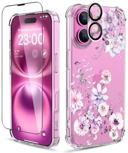 iPhone 16 uchun ilnehc gʻilofi, ekran himoyachisi va kamera linzalari himoyachisi bilan [3 tasi 1 da], gul naqshli dizayn, tiniq yumshoq zarbaga chidamli ingichka gul telefon qopqogʻi ayollar qizlar uchun 2024 6.1