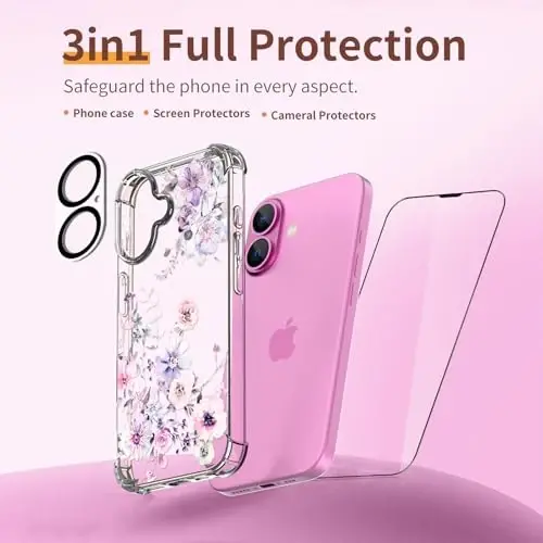 iPhone 16 uchun ilnehc gʻilofi, ekran himoyachisi va kamera linzalari himoyachisi bilan [3 tasi 1 da], gul naqshli dizayn, tiniq yumshoq zarbaga chidamli ingichka gul telefon qopqogʻi ayollar qizlar uchun 2024 6.1