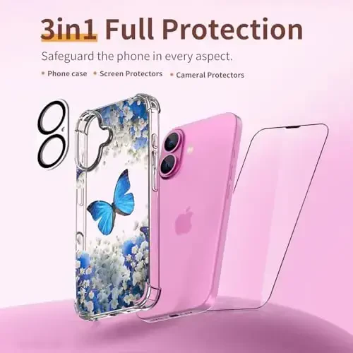 iPhone 16 uchun ilnehc g'ilofi, ekran himoyachisi va kamera linzalari himoyachisi bilan [3 tasi 1 da], gulli naqsh dizayni, tiniq yumshoq zarbaga chidamli ingichka gul telefon qopqog'i ayollar qizlar uchun 2024 6.1