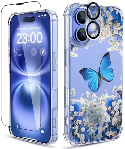 iPhone 16 uchun ilnehc g'ilofi, ekran himoyachisi va kamera linzalari himoyachisi bilan [3 tasi 1 da], gulli naqsh dizayni, tiniq yumshoq zarbaga chidamli ingichka gul telefon qopqog'i ayollar qizlar uchun 2024 6.1