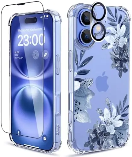 iPhone 16 uchun ilnehc g'ilofi, ekran himoyachisi va kamera linzalari himoyachisi bilan [3 tasi 1da], gul naqshli dizayn, ayollar qizlar uchun tiniq yumshoq zarbga chidamli ingichka gul telefon qopqog'i 2024 6.1