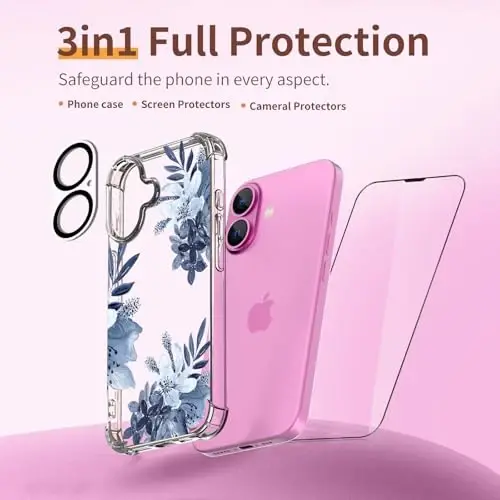 iPhone 16 uchun ilnehc g'ilofi, ekran himoyachisi va kamera linzalari himoyachisi bilan [3 tasi 1da], gul naqshli dizayn, ayollar qizlar uchun tiniq yumshoq zarbga chidamli ingichka gul telefon qopqog'i 2024 6.1