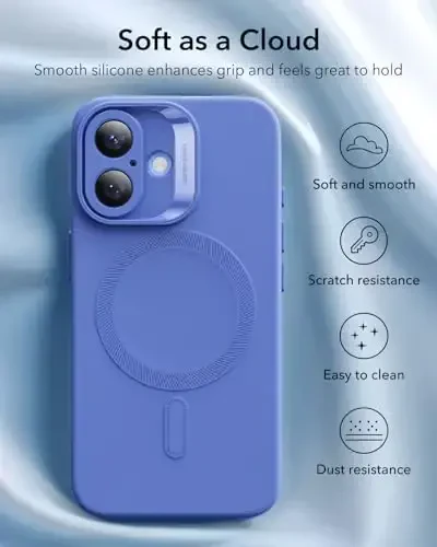 iPhone 16 uchun MagSafe bilan ESR g'ilofi, magnit zaryadlashni qo'llab-quvvatlaydi, silliq va ingichka silikon g'ilof, zarbga chidamli, to'liq ekran va kamera himoyasi, yumshoq mikrofiber astar, Ultramarin - 6