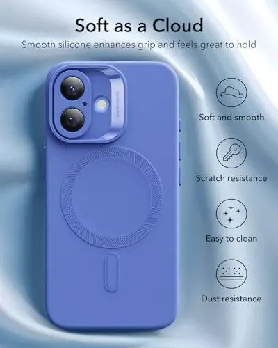 iPhone 16 uchun MagSafe bilan ESR g'ilofi, magnit zaryadlashni qo'llab-quvvatlaydi, silliq va ingichka silikon g'ilof, zarbga chidamli, to'liq ekran va kamera himoyasi, yumshoq mikrofiber astar, Ultramarin - 6
