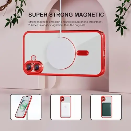 iPhone 16 uchun Misea Magnetic g'ilofi MagSafe bilan mos [Hech qachon sarg'aymaydi] [Harbiy darajadagi tushishdan himoya] To'liq kamera linzalari himoyachisi Qoplama Yumshoq Shaffof Ayollar uchun telefon g'ilofi 6,1 dyuym, Qizil - 5