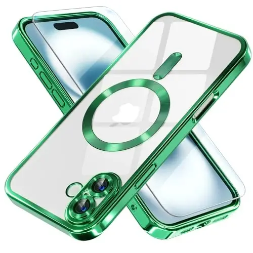 iPhone 16 uchun Misea Magnetic g'ilofi MagSafe bilan mos [Hech qachon sarg'aymaydi] [Harbiy darajadagi tushishdan himoya] To'liq kamera linzalari himoyasi Plitalangan yumshoq shaffof telefon g'ilofi ayollar uchun 6,1 dyuym, yashil 