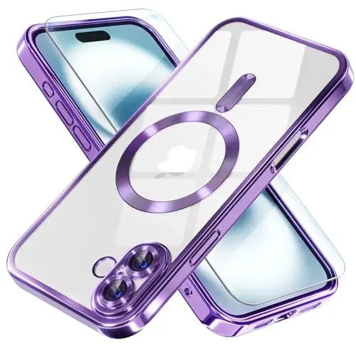 iPhone 16 uchun Misea Magnetic g'ilofi MagSafe bilan mos keladi [Hech qachon sarg'aymaydi] [Harbiy darajadagi tushishdan himoya] To'liq kamera linzalari himoyachisi Ayollar uchun 6,1 dyuymli yumshoq shaffof telefon g'ilofi, to'q binafsha 