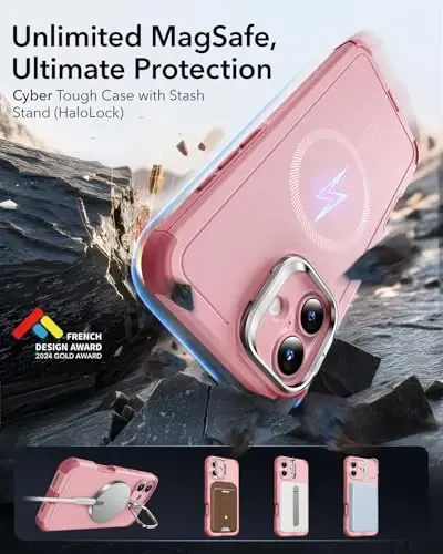 ESR for iPhone 16 Case with Stand, 23 ft Military-Grade Drop Protection, Heavy Duty Magnetic Phone Case, Compatible with MagSafe Accessories, Cyber Series, Pink - 3