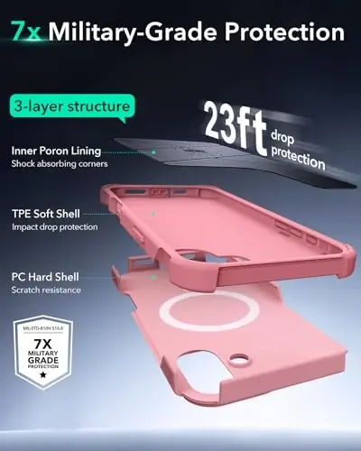 ESR for iPhone 16 Case with Stand, 23 ft Military-Grade Drop Protection, Heavy Duty Magnetic Phone Case, Compatible with MagSafe Accessories, Cyber Series, Pink - 4