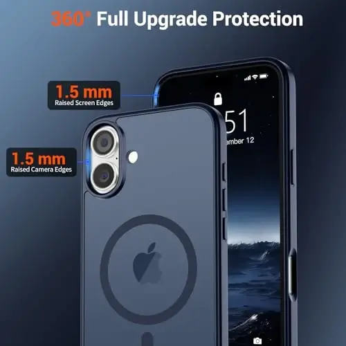 iPhone 16 uchun SUPFINE magnitli g'ilof, ekran himoyachisi bilan (MagSafe bilan mos keladi) (Harbiy darajadagi himoya) Shaffof matli zarbaga chidamli telefon g'ilofi, To'q ko'k - 4