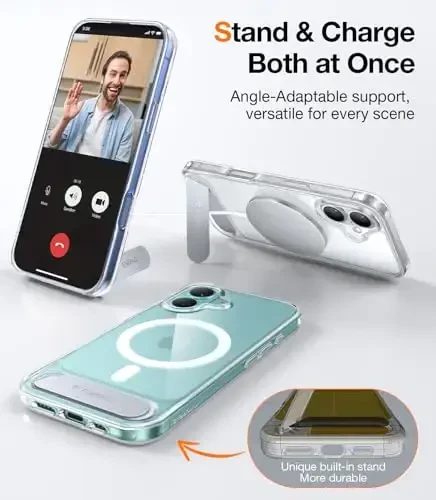 iPhone 16 uchun TORRAS Diamond Clear gʻilofi | Kuchli magnit va choksiz stend, MagSafe uchun mos, harbiy darajadagi zarbadan himoya, mustahkam sozlanishi oʻrnatilgan tayanch, ingichka sargʻayishga qarshi - 3