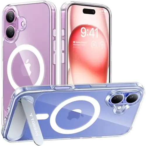 iPhone 16 uchun TORRAS Diamond Clear gʻilofi | Kuchli magnit va choksiz stend, MagSafe uchun mos, harbiy darajadagi zarbadan himoya, mustahkam sozlanishi oʻrnatilgan tayanch, ingichka sargʻayishga qarshi - 1