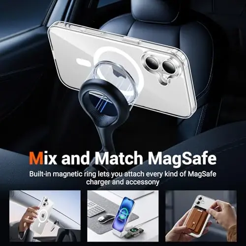 iPhone 16 учун Temdan tiniq holat, [Magsafe bilan mos][Sararmaydigan][Harbiy darajada himoya] iPhone 16 учун zarbaga chidamli yupqa magnit telefon holati, Shaffof - 3
