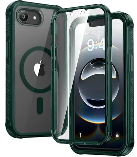 Diaclara Magnetic Case for iPhone 16e 6.1'' (Clear Green) - Full Body Rugged Case with Built-in Screen Protector & Wireless Charging Compatibility - 1