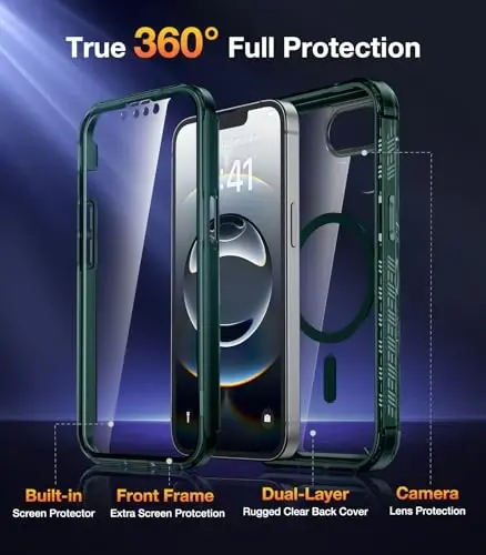 Diaclara Magnetic Case for iPhone 16e 6.1'' (Clear Green) - Full Body Rugged Case with Built-in Screen Protector & Wireless Charging Compatibility - 2