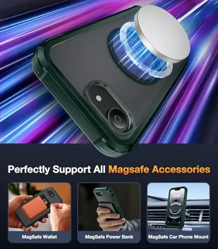 Diaclara Magnetic Case for iPhone 16e 6.1'' (Clear Green) - Full Body Rugged Case with Built-in Screen Protector & Wireless Charging Compatibility - 4