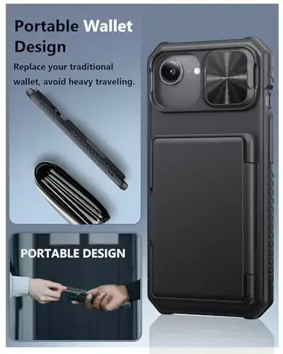 ATATOO for iPhone 16e Case Wallet, Built-in Card Holder (3-5 Cards) [RFID Blocking] & Slide Camera Cover, Military Grade Protection, Rugged Silicone Phone Case for iPhone 16e 6.1
