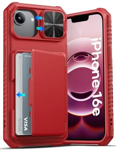 ATATOO for iPhone 16e Case Wallet, Built-in Card Holder (Store 3-5 Cards) & Slide Lens Cover, Military Grade Protection, Rugged Silicone Protective Phone Cover for iPhone 16e 6.1