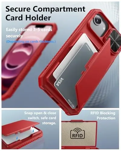 ATATOO for iPhone 16e Case Wallet, Built-in Card Holder (Store 3-5 Cards) & Slide Lens Cover, Military Grade Protection, Rugged Silicone Protective Phone Cover for iPhone 16e 6.1