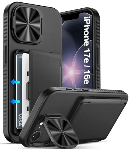 ATATOO for iPhone 17e & 16e Case Wallet, Built-in Card Holder (3-5 Cards) & Stand & Camera Cover, Military Grade Protection Hard Rugged Silicone Kickstand Phone Case for iPhone 17e/16e 6.1