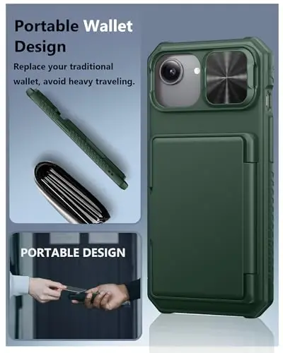 ATATOO for iPhone 16e Case, Built-in Card Holder (Store 3-5 Cards) & Sliding Camera Cover, Military Grade Protection, Heavy Duty Sturdy Durable Wallet Phone Case for iPhone 16e 6.1