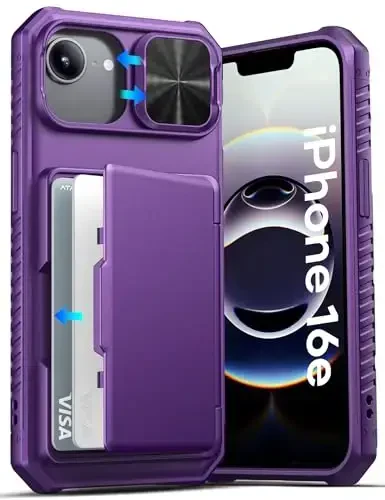 ATATOO for iPhone 16e Case, Built-in Card Holder (Store 3-5 Cards) & Slide Camera Cover & RFID Blocking, Military Grade Protection, Hard Wallet Phone Case for iPhone 16e 6.1