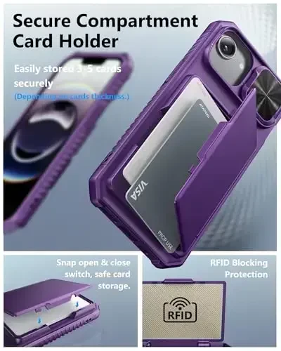 ATATOO for iPhone 16e Case, Built-in Card Holder (Store 3-5 Cards) & Slide Camera Cover & RFID Blocking, Military Grade Protection, Hard Wallet Phone Case for iPhone 16e 6.1