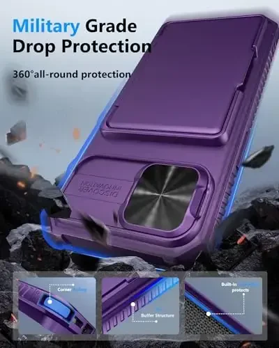 ATATOO for iPhone 16e Case, Built-in Card Holder (Store 3-5 Cards) & Slide Camera Cover & RFID Blocking, Military Grade Protection, Hard Wallet Phone Case for iPhone 16e 6.1