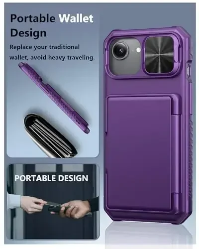 ATATOO for iPhone 16e Case, Built-in Card Holder (Store 3-5 Cards) & Slide Camera Cover & RFID Blocking, Military Grade Protection, Hard Wallet Phone Case for iPhone 16e 6.1