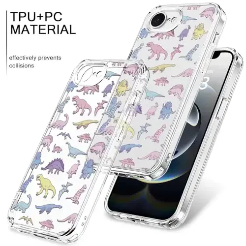bicol for iPhone 16e Case with Screen Protector, Enhanced Camera Protection, Crystal Acrylic Clear with Fashionable Pattern Designs for Girls Women, Slim Fit Protective Phone Cover, Cute Dinosaurs - 3