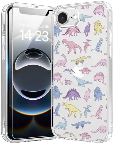 bicol for iPhone 16e Case with Screen Protector, Enhanced Camera Protection, Crystal Acrylic Clear with Fashionable Pattern Designs for Girls Women, Slim Fit Protective Phone Cover, Cute Dinosaurs 