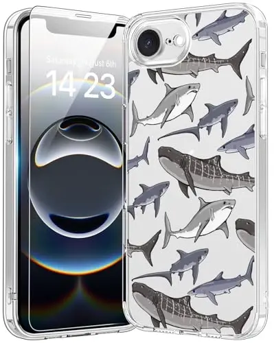 bicol for iPhone 16e Case with Screen Protector, Enhanced Camera Protection, Crystal Acrylic Clear with Fashionable Pattern Designs for Girls Women, Slim Fit Protective Phone Cover, Beautiful Whales 