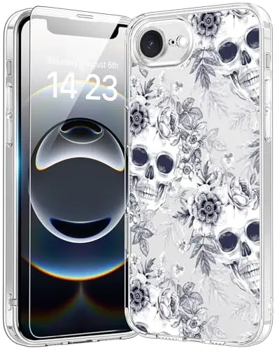 bicol for iPhone 16e Case with Screen Protector, Enhanced Camera Protection, Crystal Acrylic Clear with Fashionable Pattern Designs for Girls Women, Slim Fit Protective Phone Cover, Elegant Skulls - 1