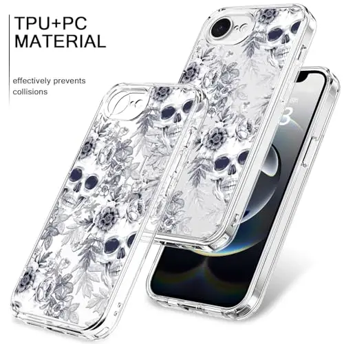 bicol for iPhone 16e Case with Screen Protector, Enhanced Camera Protection, Crystal Acrylic Clear with Fashionable Pattern Designs for Girls Women, Slim Fit Protective Phone Cover, Elegant Skulls - 3