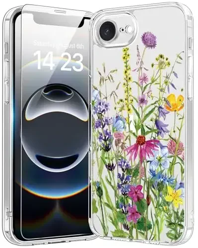 bicol for iPhone 16e Case with Screen Protector, Enhanced Camera Protection, Crystal Acrylic Clear with Fashionable Pattern Designs for Girls Women, Slim Fit Protective Phone Cover, Blooming Flowers 