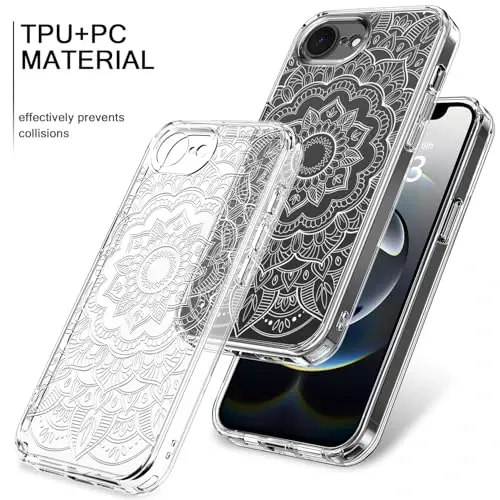 bicol for iPhone 16e Case with Screen Protector, Enhanced Camera Protection, Crystal Acrylic Clear with Fashionable Pattern Designs for Girls Women, Slim Fit Protective Phone Cover, Henna - 3