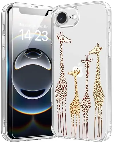 bicol for iPhone 16e Case with Screen Protector, Enhanced Camera Protection, Crystal Acrylic Clear with Fashionable Pattern Designs for Girls Women, Slim Fit Protective Phone Cover, Cute Giraffe - 1