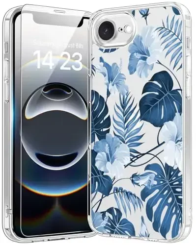 bicol for iPhone 16e Case with Screen Protector, Enhanced Camera Protection, Crystal Acrylic Clear with Fashionable Pattern Designs for Girls Women, Slim Fit Protective Phone Cover, Blue Leaves 