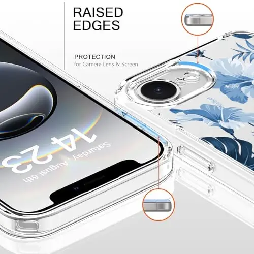 bicol for iPhone 16e Case with Screen Protector, Enhanced Camera Protection, Crystal Acrylic Clear with Fashionable Pattern Designs for Girls Women, Slim Fit Protective Phone Cover, Blue Leaves - BICOL (1)