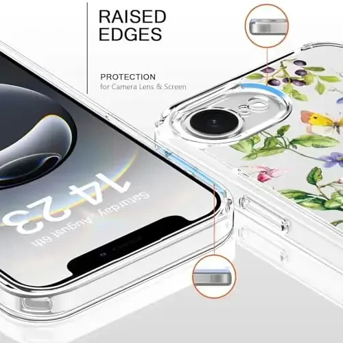 bicol for iPhone 16e Case with Screen Protector, Enhanced Camera Protection, Crystal Acrylic Clear with Fashionable Designs for Girls Women, Slim Fit Protective Phone Cover, Butterfly Flowers - BICOL (1)