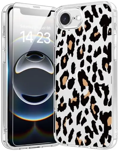 bicol for iPhone 16e Case with Screen Protector, Enhanced Camera Protection, Crystal Acrylic Clear with Fashionable Designs for Girls Women, Slim Fit Protective Phone Cover, Cheetah Leopard Print 