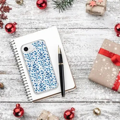 bicol for iPhone 16e Case with Screen Protector, Enhanced Camera Protection, Crystal Acrylic Clear with Fashionable Pattern Designs for Girls Women, Slim Fit Protective Phone Cover, Cute Blue Leaves - 6