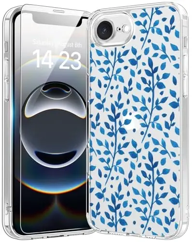bicol for iPhone 16e Case with Screen Protector, Enhanced Camera Protection, Crystal Acrylic Clear with Fashionable Pattern Designs for Girls Women, Slim Fit Protective Phone Cover, Cute Blue Leaves 