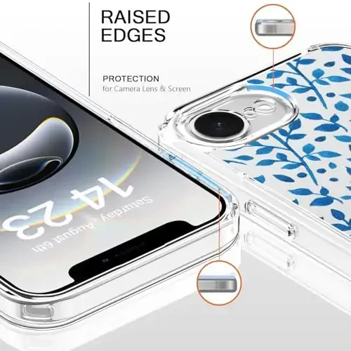 bicol for iPhone 16e Case with Screen Protector, Enhanced Camera Protection, Crystal Acrylic Clear with Fashionable Pattern Designs for Girls Women, Slim Fit Protective Phone Cover, Cute Blue Leaves - 2