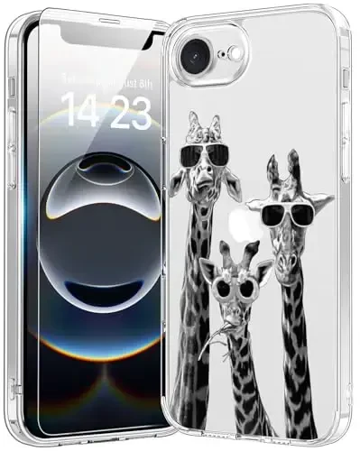 bicol for iPhone 16e Case with Screen Protector, Enhanced Camera Protection, Crystal Acrylic Clear with Fashionable Pattern Designs for Girls Women, Slim Fit Protective Phone Cover, Giraffe Family 